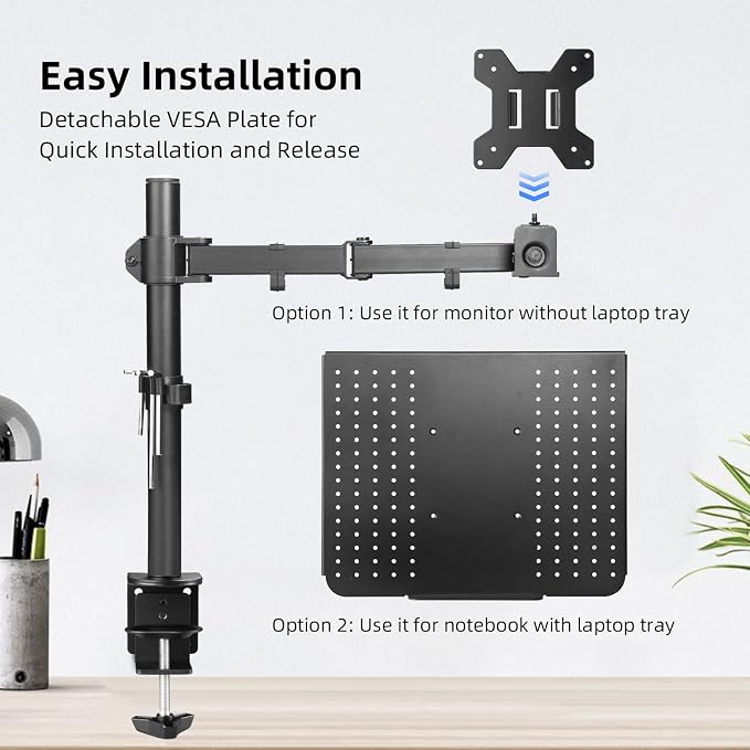 suptek Single Laptop Notebook Desk Mount with Tray for 13-27 inch Computer Screen, Fully Adjustable Laptop Desk Arm for Notebook up to 17’’, Weight up to 15.6 lbs - Image 3