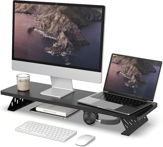Fenge Monitor Stand Riser, 31.5 Inch Desk Top Shelf for 2 Monitors, Computer Stands for Desk, Wood & Steel Desktop Riser for Laptop, PC, Printer by Fenge