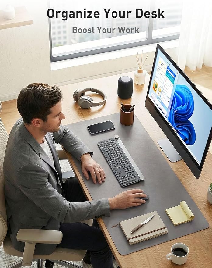 Aothia Faux Leather Desk Mat - Non-Slip PU Leather Desk Blotter, Waterproof Writing Surface, Large Desk Pad for Office & Home (Light Grey, 55" x 24") - Image 3
