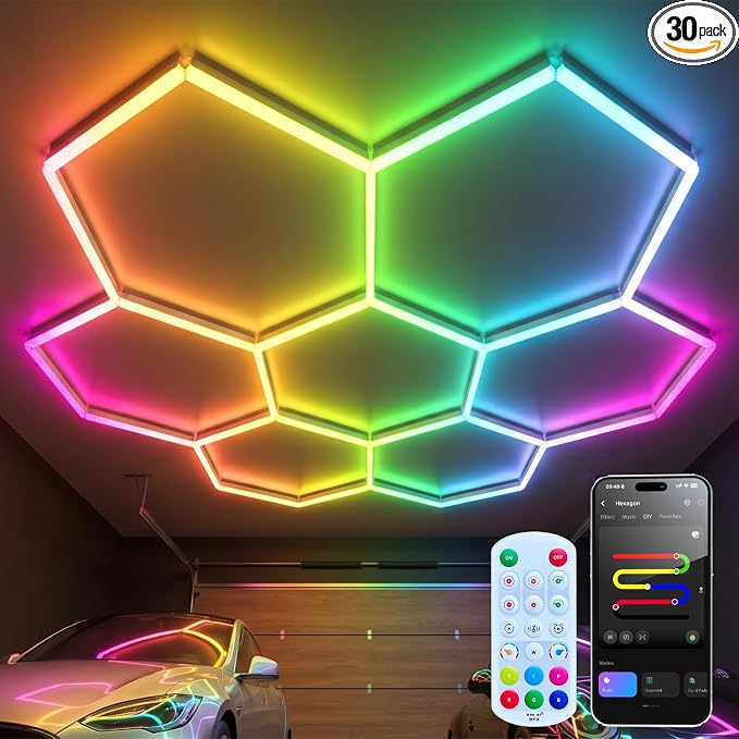RGB Hexagon Garage Lights 7 Hex, Duplex Signal RGB Hexagon Led Lights with Music Sync Mode, Easy Setup RGB Ceiling Lights for Garage, Gym, Studio, Gaming Room, Party, Bar by WelcometovisitLitezone