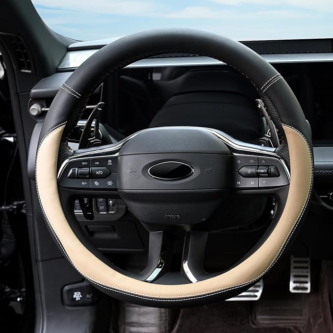 Valleycomfy Microfiber Leather Steering Wheel Cover Universal 15 inch (Beige) - Image 3