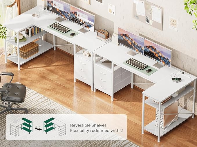 Huuger L Shaped Office Desk with Power Outlets, 55 Inch Computer Desk with 3 Drawers, Shelves, Reverisble for Gaming Corner Work Home Office Study, White - Image 4