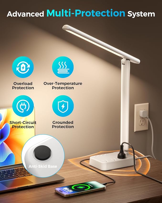 LED Desk Lamp with Power Strip, 3 AC Outlets & 4 USB Ports (2 USB-C), Stepless Dimming&2800K-6500K Eye-Caring Desk Light, Foldable Table Lamp with 5FT Cord for Home Office, Dorm Room Essentials White - Image 5