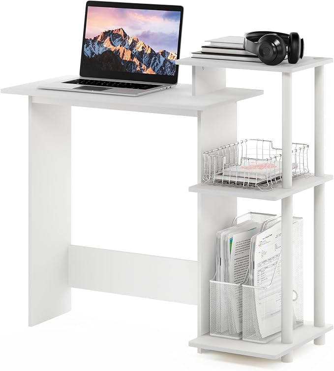 Furinno Efficient 29-Inch White Computer Desk with Side Shelves, Gaming Desk with 3 Open Shelves, Home Office Desk, for Home Office, Study Room, Dorm, Bedroom, Plain White - Image 3