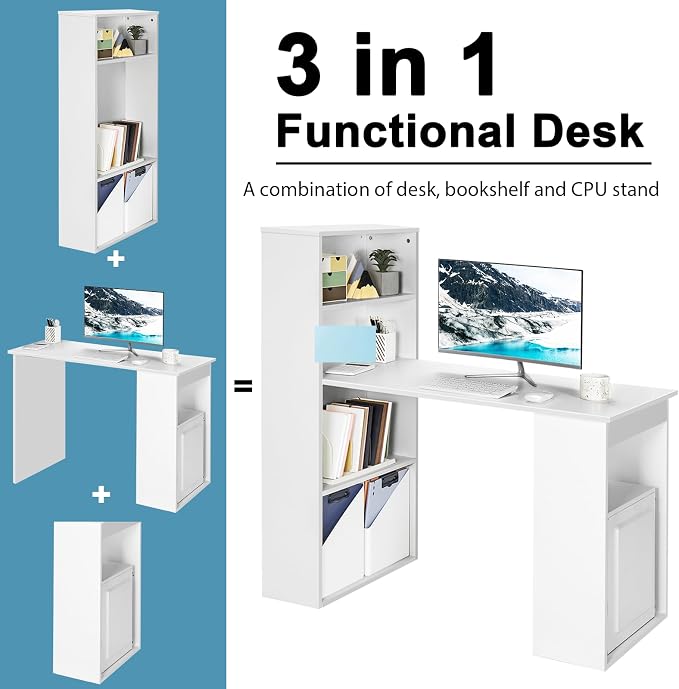 Tangkula White Computer Desk with Bookshelf, Writing Study Desk with Storage Shelves & CPU Stand, Modern Compact Computer Workstation for Home & Office, Space-Saving Design | Modern Compact Workstation w/Bookshelf Storage & CPU Stand, Space-Saving Desi... - Image 4