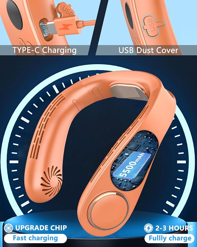 Neck Air Conditioner with Metal Cooling Plate, 5500mAh Batteries & LED Display, Silent Wearable Personal AC Unit, Bladeless Headphone Fan for Hot Flash Relief for Women Men Adults Outside, Orange - Image 6
