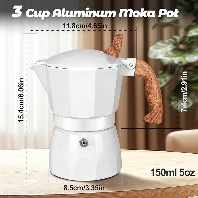 3 Cup Aluminum Moka Pot Classic Stovetop Espresso Coffee Maker 150ml 5oz Coffeemaker Percolator Mocha Pot Greca Coffee Maker Cafe Makers for Italian and Cuban Café Brewing White - Image 2