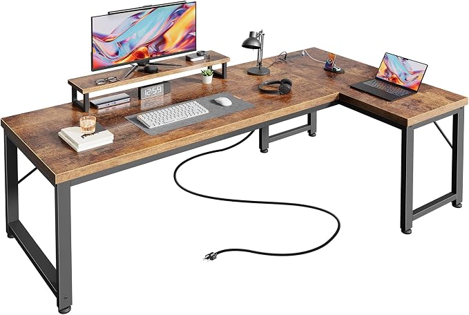 PRAISUN 53" L Shaped Computer Desk, Outlets, Monitor Stand, Rustic Brown | USB-C Ports, Reversible Charging Station, Spacious Desktop & Legroom, 0.94 Inch Thick Desktop, for Gaming, Study & Work by PRAISUN