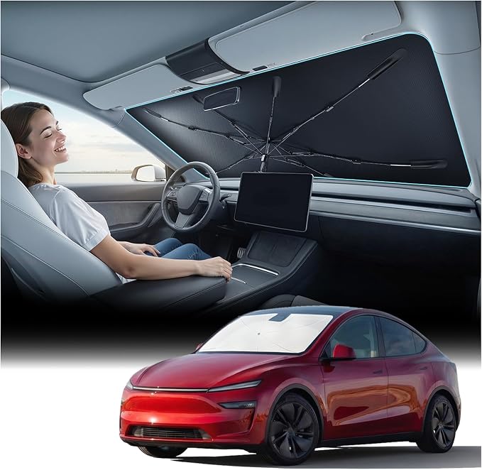 Nmoiss Windshield Sun Shade Umbrella for Tesla - [Vinyl Coating Heat Shield] Protect Car from Sun Rays & Heat Damage Keep Cool and Protect Interior, Spring Structure Edge by Nmoiss