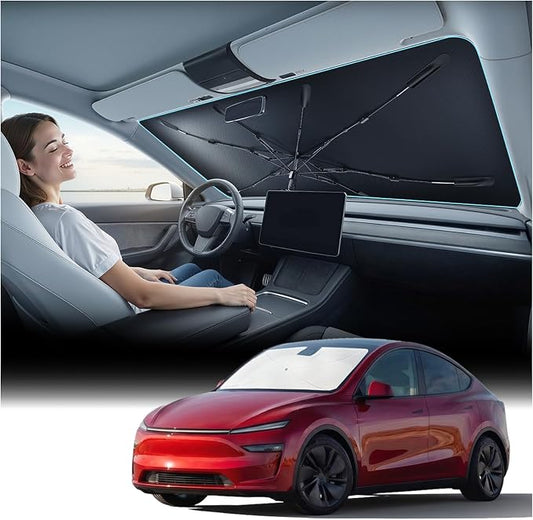 Nmoiss Windshield Sun Shade Umbrella for Tesla - [Vinyl Coating Heat Shield] Protect Car from Sun Rays & Heat Damage Keep Cool and Protect Interior, Spring Structure Edge by Nmoiss