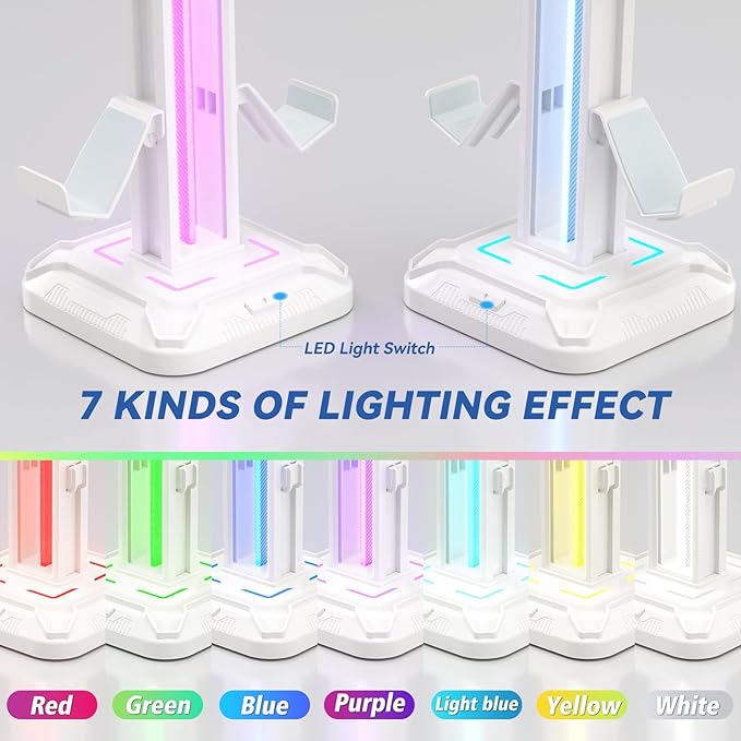 KDD RGB Headset Stand with 9 Light Modes - Controller Holder for Desk - Rotatable Headphone Stand & Detachable Controller Hook for PC Earphone Accessories(White) - Image 2