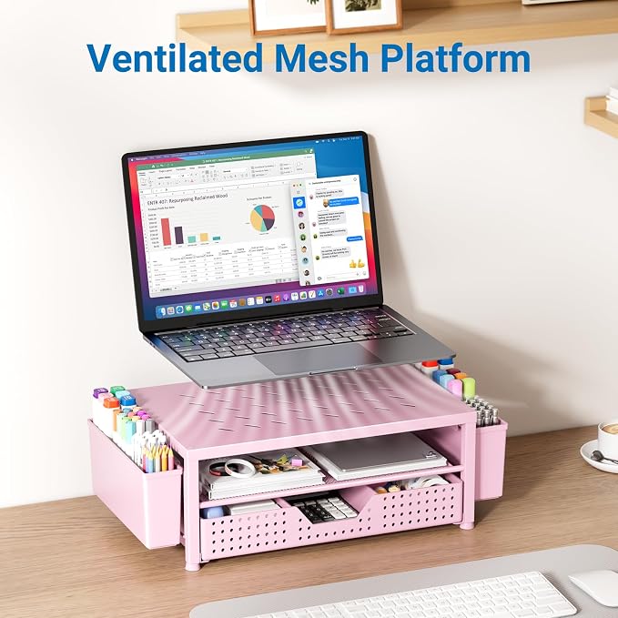 OPNICE Laptop Stand for Desk Organizer and Accessories, 2-Tier Computer Monitor Stand Riser with Drawer and 2 Pen Holders, Ventilated Perforated Steel Top, Office Desk Accessories for Home Office Supplies, Pink - Image 3