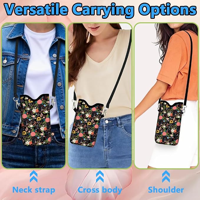 Floral Neoprene Phone Sleeve Pouch with Adjustable Strap Neck Lanyard Fits Most Smartphones, Phone Sleeve Cute Waterproof Crossbody Carrying Cellphone Case Bag for Women 7.1 x 3.9 Inch - Image 5
