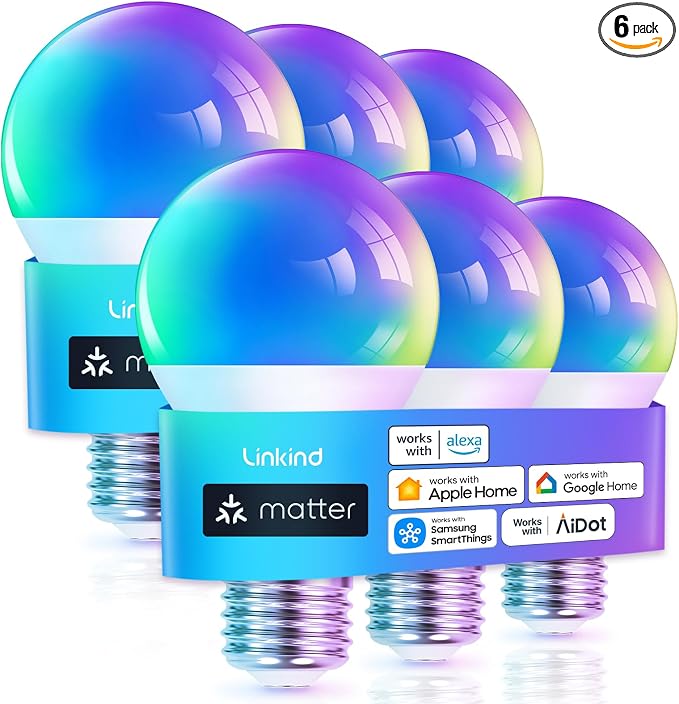 Linkind Matter Smart Light Bulb, WiFi Smart Bulbs, Work with Apple Home, Siri, Alexa, Google, SmartThings, AiDot, RGBTW Color Changing Bulbs Mood Lighting, Music Sync, A19 E26 60W, 2.4Ghz WiFi 6 Pack by Linkind