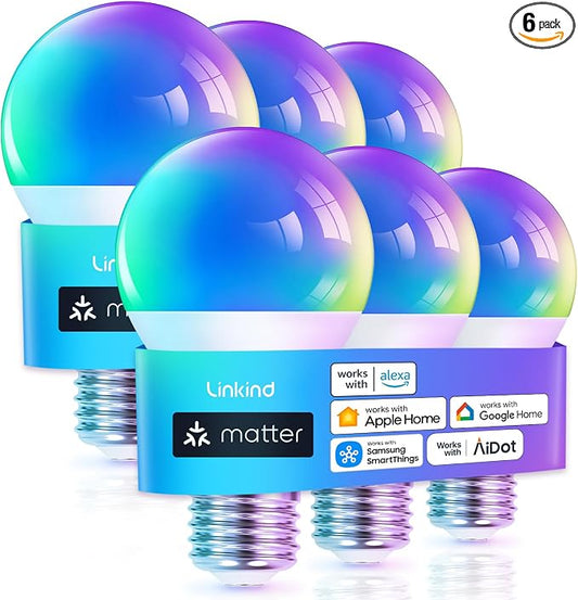 Linkind Matter Smart Light Bulb, WiFi Smart Bulbs, Work with Apple Home, Siri, Alexa, Google, SmartThings, AiDot, RGBTW Color Changing Bulbs Mood Lighting, Music Sync, A19 E26 60W, 2.4Ghz WiFi 6 Pack by Linkind