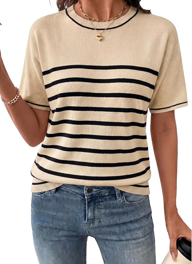 SHEWIN Womens Tops Trendy Short Sleeve Shirts Crewneck Lightweight Knit Sweater Top Business Casual Outfits by SHEWINBeYourFashionStylist