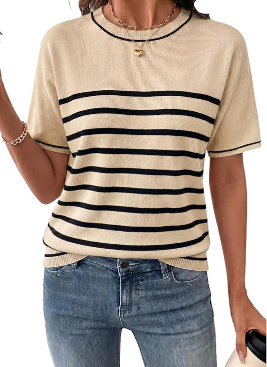 SHEWIN Womens Tops Trendy Short Sleeve Shirts Crewneck Lightweight Knit Sweater Top Business Casual Outfits by SHEWINBeYourFashionStylist