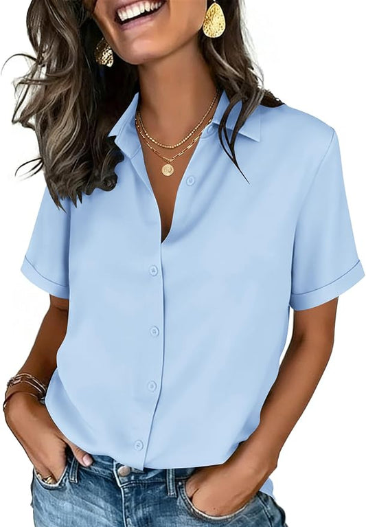 Zeagoo Button Down Shirts for Women Short Sleeve Collared Tops Dressy Casual V Neck Blouses by Zeagoo
