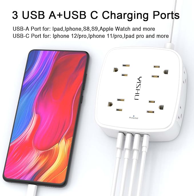 6 Ft Surge Protector Power Strip - YISHU 8 Widely Outlets with 4 USB Ports, 3 Side Outlet Extender with 6 Feet Flat Extension Cord, Ultra Flat Plug, Wall Mount, Desk USB Charging Station, ETL, White - Image 3