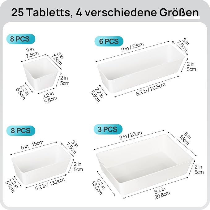 Vtopmart 25 PCS Plastic Drawer Organizers Set, 4-Size Versatile Bathroom and Vanity Drawer Organizer Trays, Storage Bins for Makeup, Bedroom, Kitchen Gadgets Utensils and Office | 4-Size Versatile Makeup Organizer, Storage Containers Small Bins for Mak... - Image 2