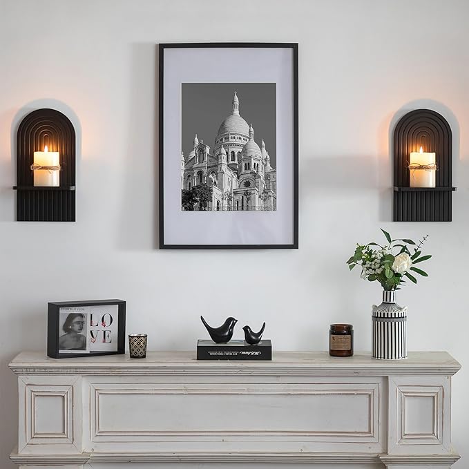 Black Wall Candle Holder: Wood Arch Candle Sconces Set of 2 | Modern Minimalist Shelf, with A Location Board Slot, for Plants Pillars, for Hallway Fireplace Bedroom - Image 2