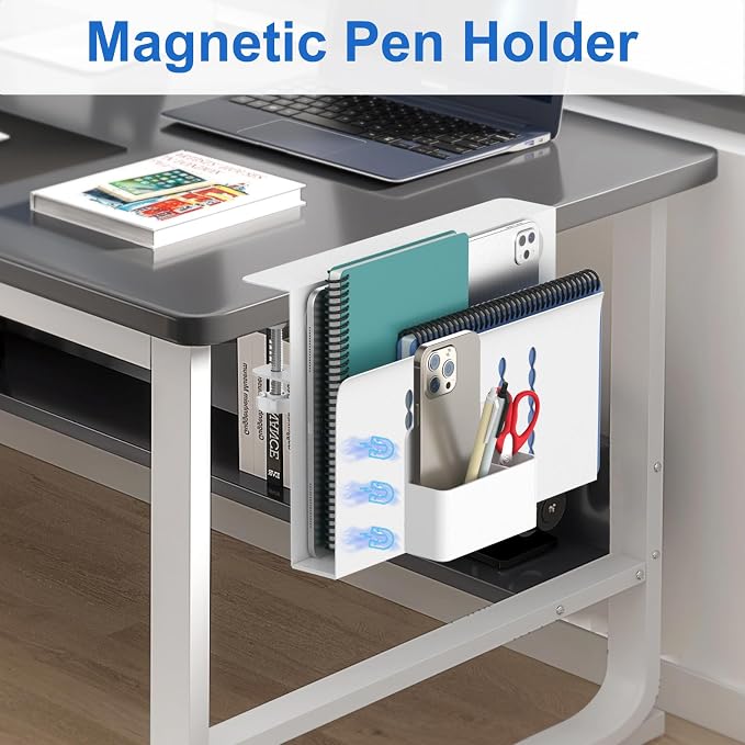HAMOPY Desk Side Storage, Single-Layer Steel Hanging Desk Organizer with Magnetic Pen Holder, No Drilling Desk Drawer Cable Management Tray, Under Desk Laptop Holder for Office, School&Home(White) - Image 7