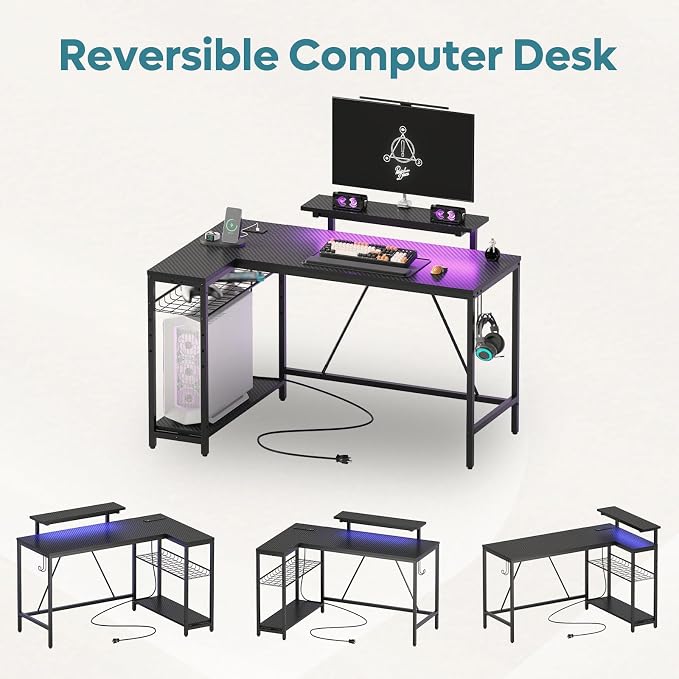 Bestier 52-Inch L-Shaped Gaming Desk with Charging & LED, Black | Charging 3AC+2USB, RGB LED 20 Colors/22 Modes, Reversible Shelves, Carbon Fiber Texture, Headphone Hook, 52 in - Image 8