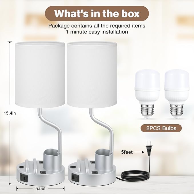 Fenmzee Bedside Lamps for Bedroom Set of 2 - Table Desk Lamp for Nightstand | 15" Table Lamp for Living Room with Pen Holder & Phone Stand, USB A+C Port, AC Outlet, 3 Color Temperature, LED Bulb Included - Image 6
