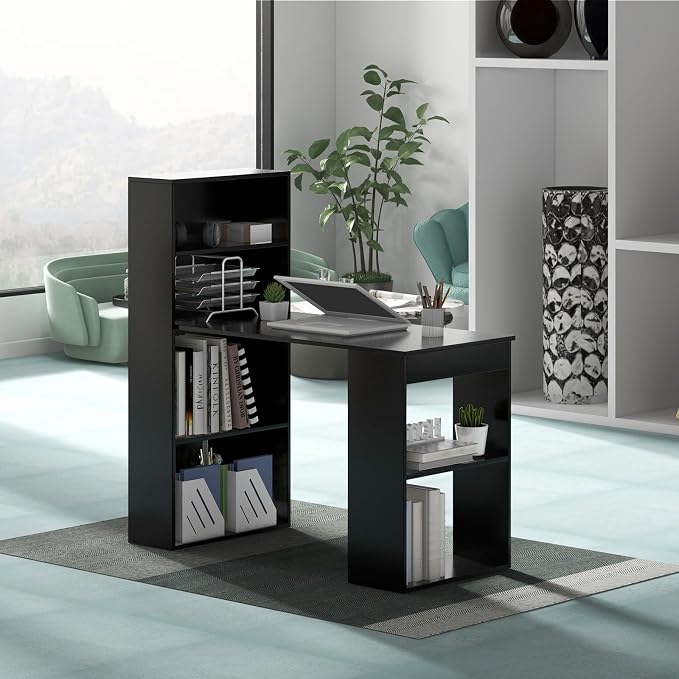 GRAFFY Computer Desk with 6 Storage Shelves - 48" Reversible Writing Desk Workstation with Bookshelf and CPU Stand, Modern Compact Office Desk for Bedroom, Study, Home, Office (Black) - Image 9