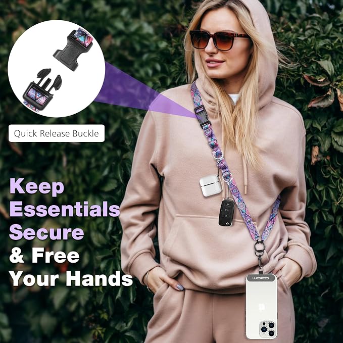 MoKo Boho Universal Phone Lanyard, Nylon Adjustable Cell Phone Crossbody Strap Detachable Women & Men Cellphone Lanyards Around the Neck with Patches for iPhone, Most Smartphones, Boho Colorful - Image 3