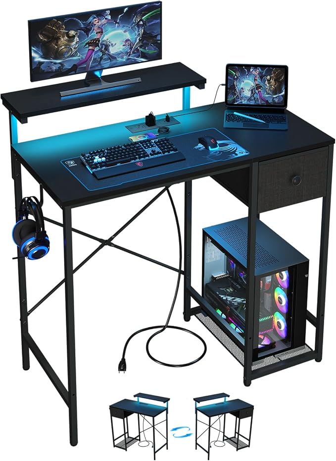 X-cosrack 33.5" Small Gaming Desk with LED Lights & Power Outlets, Compact Computer Desk with Monitor Stand & CPU Stand, Gamer Table with Storage Drawer, Side Hooks for Home Office, Bedroom, Black by X-cosrack