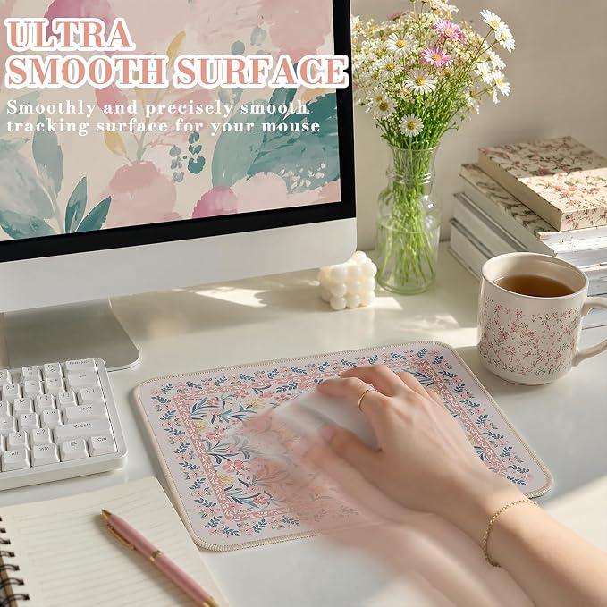 iCasso Aesthetic Small Mouse Pad, 9.5x7.9in,Home Office, Pink Floral | Pink Mini Portable Travel Mousepad, Anti-Slip and Comfortable Cloth Mouse Mat with Stitched Edges for Computer - Image 3