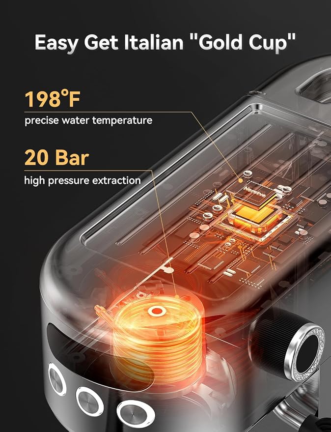 Neretva Espresso Machine 20 Bar, Super Compact Espresso Maker Stainless Steel Professional Coffee Machine Espresso with Power Steam & LED Display for Home Barista Latte and Cappuccino Maker-Silver - Image 2