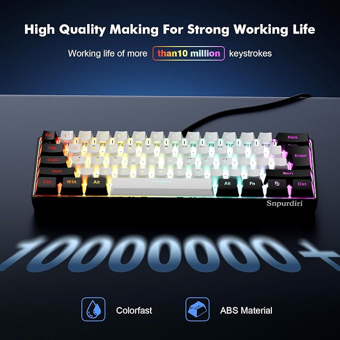 Snpurdiri 60% Wired Gaming Keyboard, 61 Keys RGB (Black-White) | Backlit Ultra-Compact Small Gaming Keyboard, for PC/Mac Gamer, Typist, Travel, Easy to Carry on Business Trip - Image 4