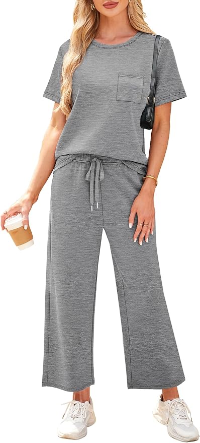 WIHOLL 2 Piece Sets for Women Casual Summer Travel Vacation Outfits Short Sleeve Wide Leg Crop Pants Lounge Sets - Image 2