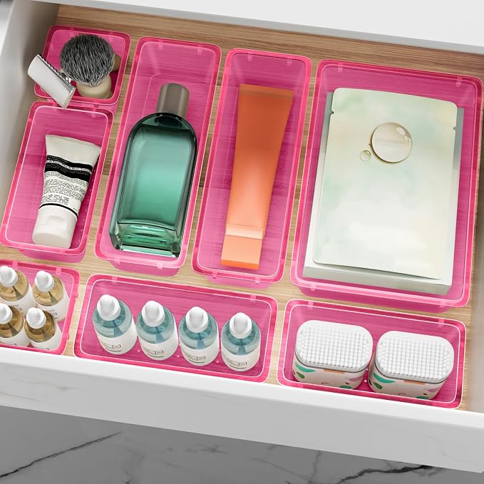 12 PCS Drawer Organizer Set, Makeup Organizers, Tool Storage Trays, Pink | 4 Sizes, Plastic, Stackable, Multiple Gadgets, Desk Drawer Divider Organizers, for Makeup, Office Supplies Storage - Image 8