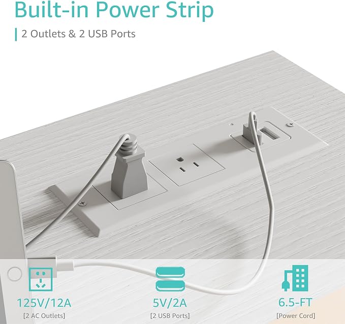 Lufeiya White Computer Desk with Power Outlet, 40 inch Simple Teen Study Table Home Office Work Writing Desks with Charging Station Outlets USB Port Built in, Storage Pocket，White - Image 4