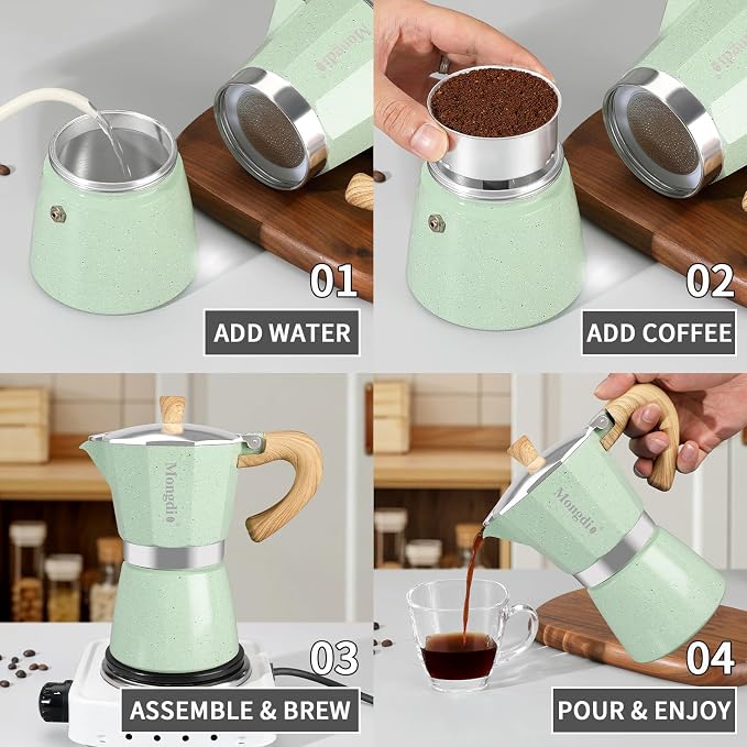Mongdio Stovetop Espresso Maker Moka Pot, Cuban Coffee Maker Stove top coffee maker Moka Italian Espresso Greca Coffee Maker Brewer Percolator, 6 Espresso Cups, 10 oz - Green - Image 2