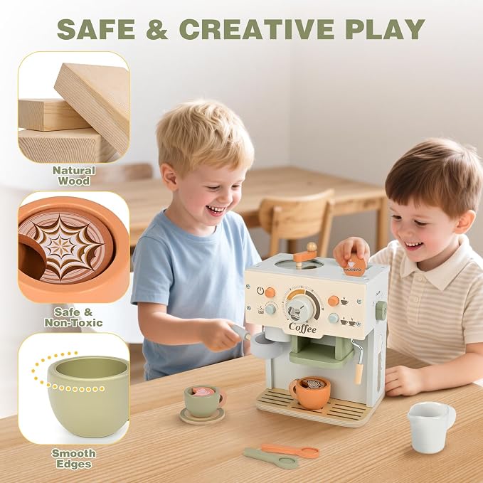 Toy Coffee Maker Wooden Kitchen Accessories for Kids Pretend Play, Green | Dreamon Kids Coffee Playset, Built-in Storage, Montessori Kitchen Toys for Toddlers Age 3-5 Creative Christmas Birthday Gifts - Image 5