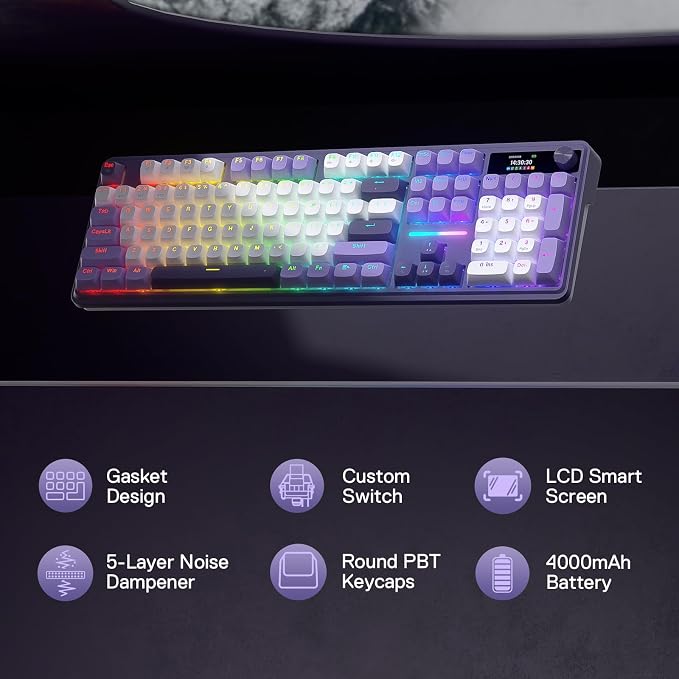 Redragon K762 PRO Wireless 104-Key Gasket Gaming Keyboard, Screen & Knob | Easy-Control LED Info Display, 0-Delay Tri-Mode, Cushioned 5-Layer Noise Dampening for Creamy Thocky Sound, Full-Size 104-Key - Image 2
