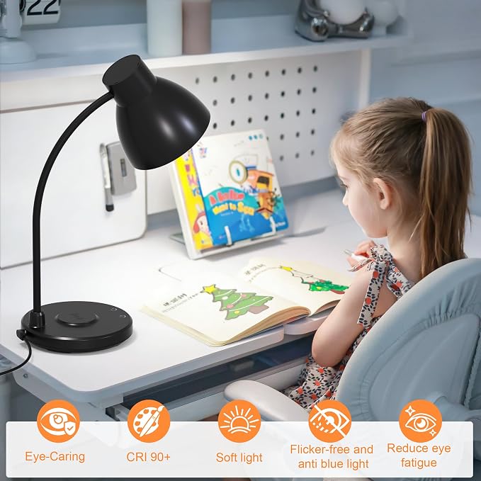 LED Desk Lamp for Home Office with Wireless Charger, Matte Black | 3 Color Modes Dimmable Eye-Caring Study Reading Dorm Desk Lamp, 360° Flexible Arm Table Lamp for College Dorm Room, 800 Lumen - Image 5