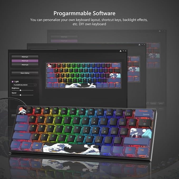 Womier 60% Percent Keyboard Gaming, Creamy Mechanical Wired Keyboard Anime | Hot-Swappable RGB Key board with PBT Keycaps for Windows PC Gamers - POM Linear Red Switch WK61 V2 Black Kanagawa - Image 4