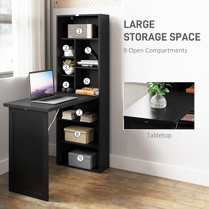 HOMCOM Foldable Convertible Writing Table, Wall Mounted Space-Saving Computer Desk with Chalkboard and Storage Shelves for Small Spaces, Home Office, Bedroom, Dorm, Apartment, Black - Image 5