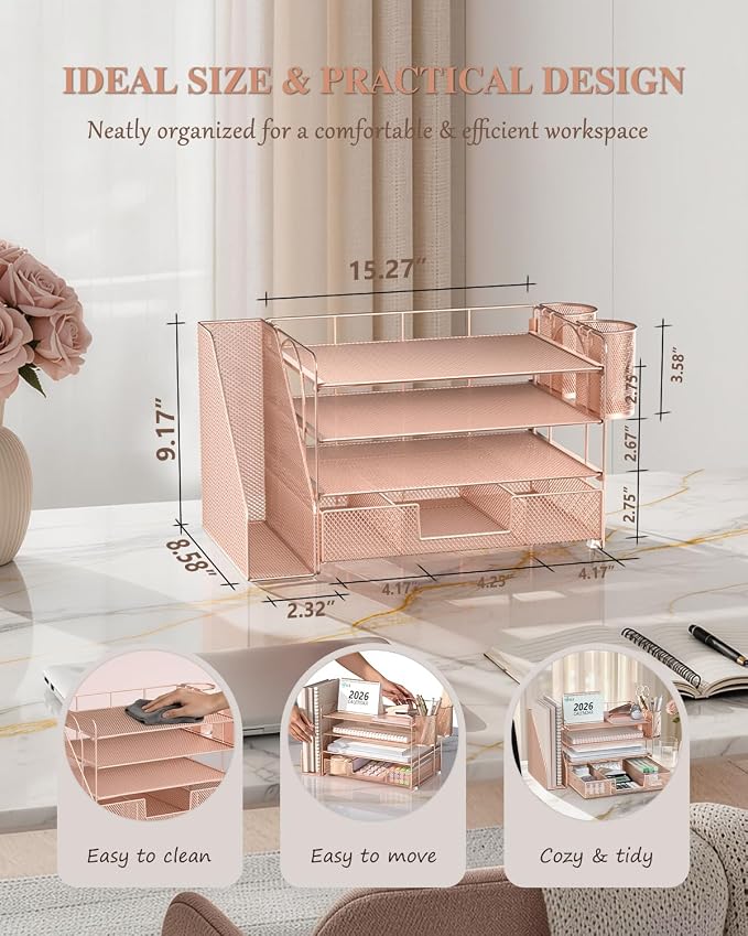 WALI Desk File Organizer, 4 Tier Desktop Paper Letter Tray Organizer with Drawer and 2 Pen Holders, Office Desk Accessories & Workspace Organizers for Office, Home, School Supplies, 1 Pack, Rose Gold - Image 7