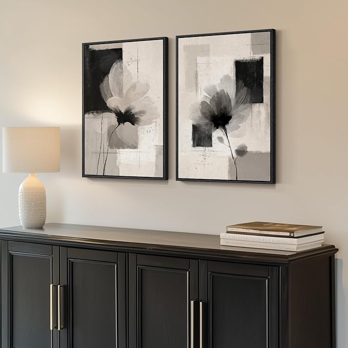 Framed Neutral Abstract Floral Wall Art for Bedroom, Set of 2 Black and Beige Minimalist Canvas Prints Paintings Artwork for Walls, Modern Elegant Pictures for Living Room Dining Room Wall Decor 16x24 In - Image 2
