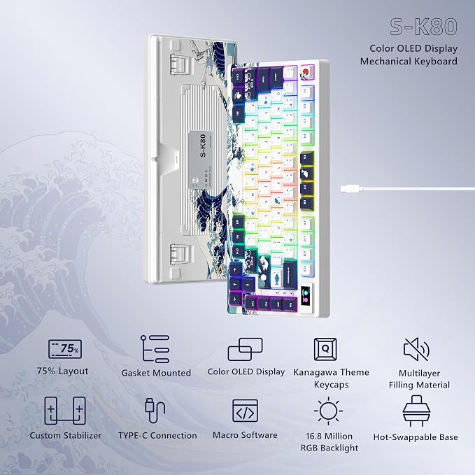Womier SK80 75% Keyboard with Color Multimedia Display Gaming Keyboard | Creamy Sound Mechanical Wired Hot Swappable Gasket RGB Custom Key board, Pre-lubed Stabilizer for Mac/Win, White Kanagawa - Image 6