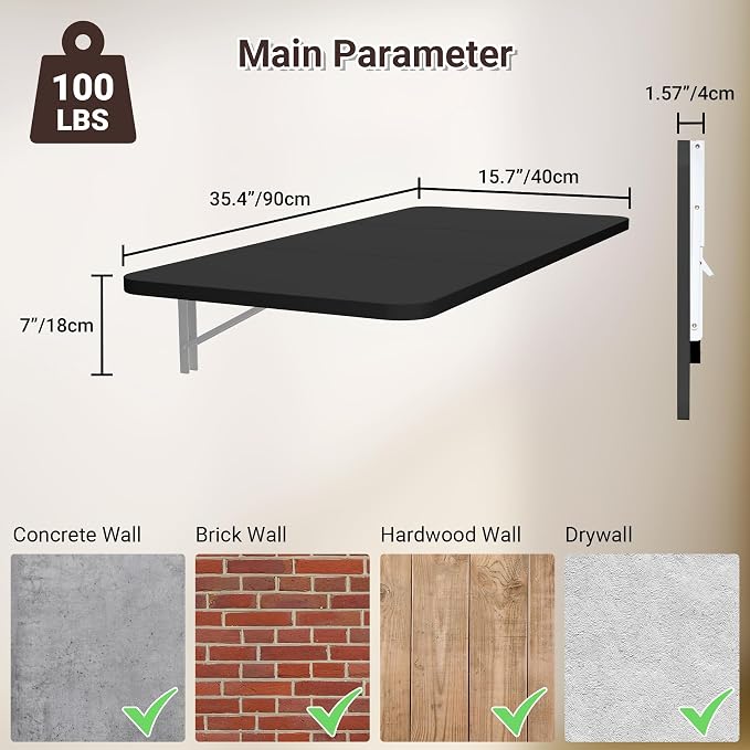 Neoaider Wall Mounted Folding Desk 35.4” x 15.7”, Black | Drop Down Table with Metal Collapsible Brackets, Folding Wall Table for Small Spaces, Home, Office, Kitchen, Laundry Room - Image 3