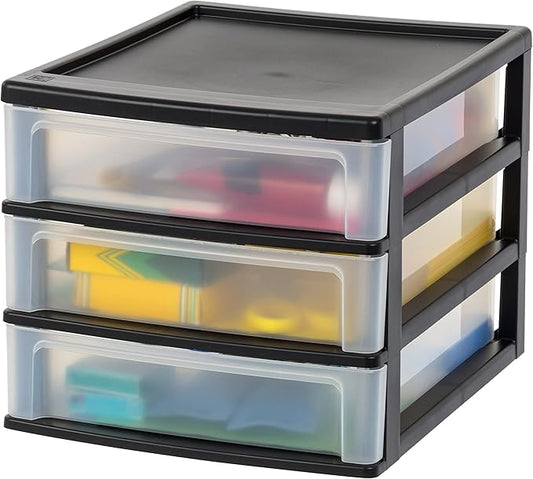 IRIS USA 3-Drawer Medium Plastic Stacking Desktop Organizer, Black | Organize office supplies, stationery, makeup, craft materials and everyday essentials for neat desktop storage by IRISUSA