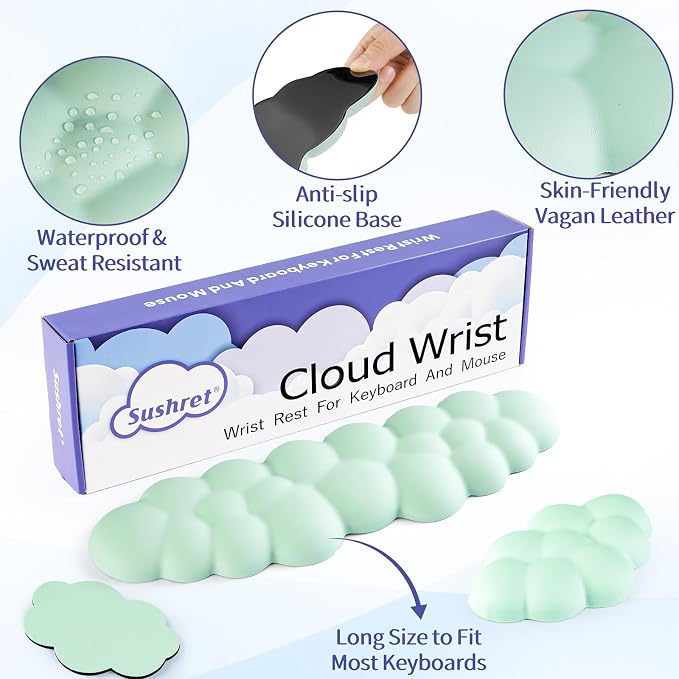Sushret Cloud Wrist Rest Keyboard, Cloud Keyboard Wrist Pad Set with PU Leather Memory Foam, Cute Arm Rest for Palm Support, PC/Gaming Desk Accessories/Office Setup/Computer Hand Cushion - Light Green - Image 5