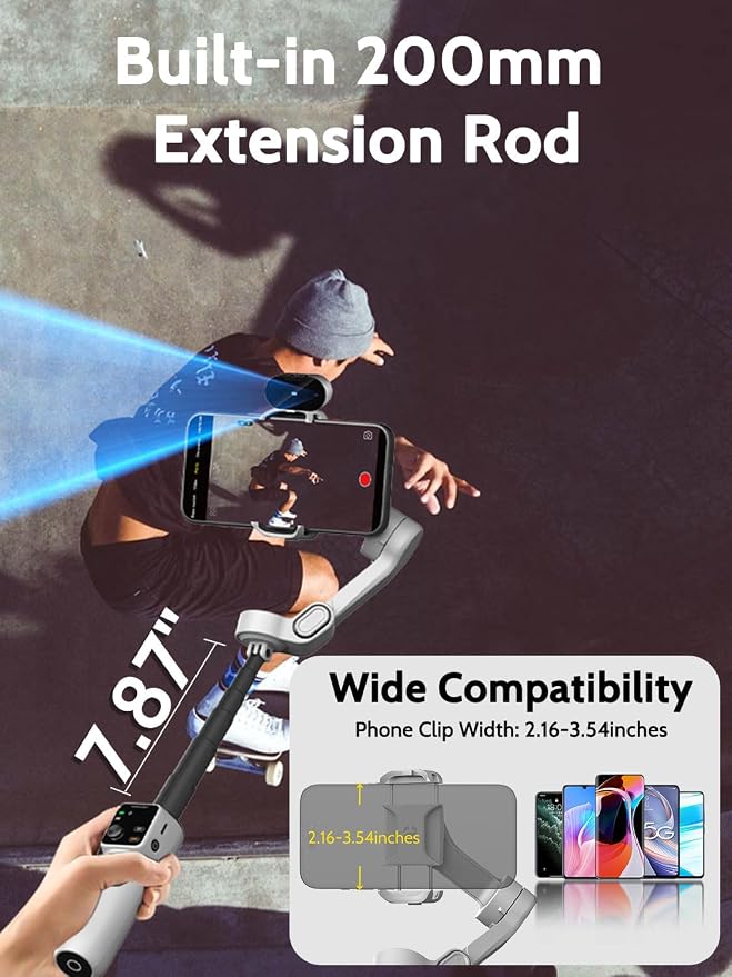 AOCHUAN Gimbal Stabilizer for Video Recording, Smartphone 3-Axis Smartphone Gimbal with AI Tracking Sensor for Vlogging,7.8' Extension Rod,Trigger Button,YouTube Tiktolk(Smart V8 AI White) - Image 4
